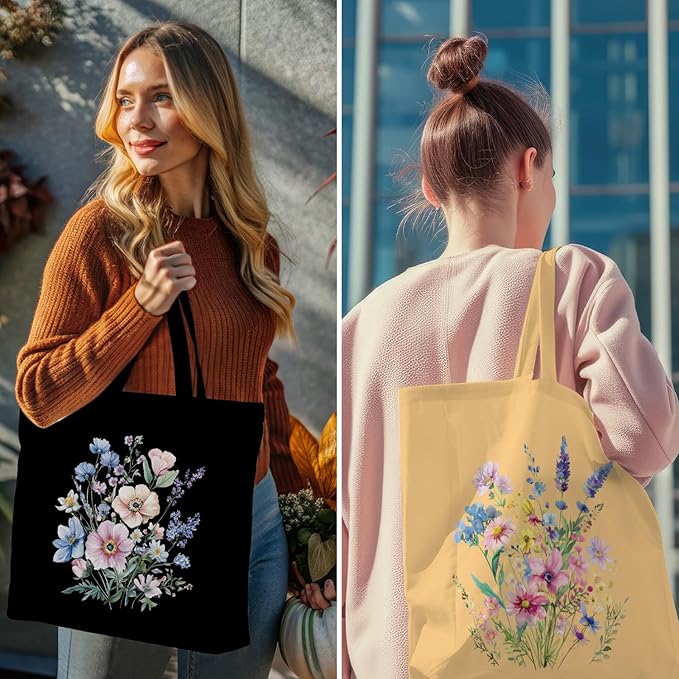 Decohim Multiple Packs Floral Japanese Print Canvas Tote Bag Reusable Grocery Bags Gifts for Women Girls Birthday Christmas