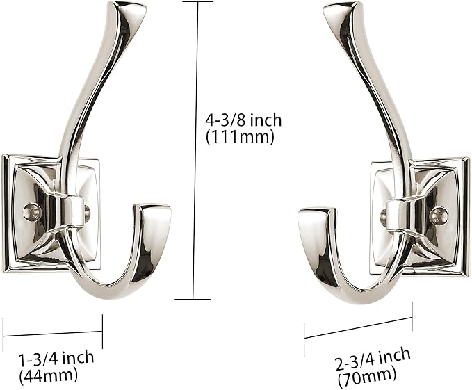 Large Wall Hooks 10 Pack Polished Nickel Coat, Towel, Double Robe Hooks - 4.35 Inch, Wall Mounted with Screws for Hangers, Bags, Cups, Hats
