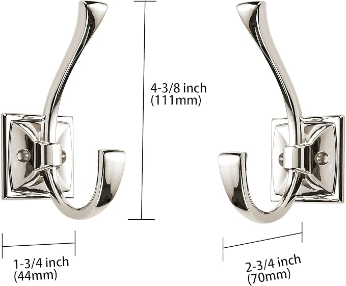 Large Wall Hooks 5 Pack - Polished Nickel Coat Hardware for Hanging Coats - 4.35 Inch Double Robe Hook Wall Mounted With Screws for Key, Towel, Bags, Cup, Hat