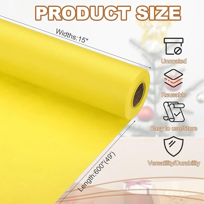 PATIKIL Wrapping Paper, 15" x 600"(49') 70 GSM Craft Paper Roll Kraft Packing Paper for Poster Bulletin Board, Gift Wrapping, Yellow