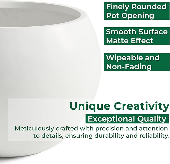 21.3" D Fiberstone Extra Large Planter, 16.6" Pot Opening x 14.8" H, Spherical Flower Pot with Drainage Hole, Weather Resistance Indoor Outdoor Planters, White