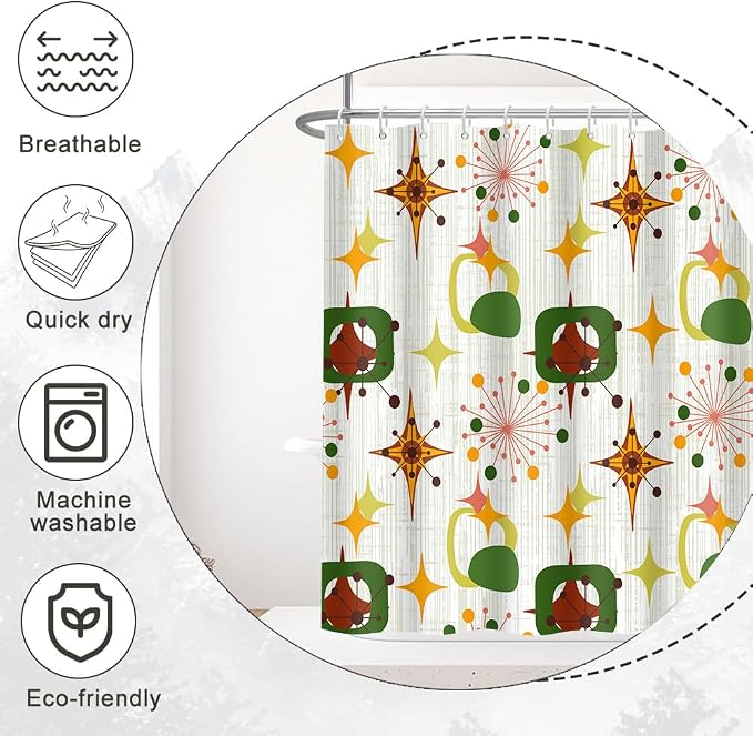 Mid Century Shower Curtain, 48x72inch, Modern Abstract Retro Green Striped Geometric Shower Curtain Sets 1950s Boho Bathroom Shower Curtain with 8 Hooks