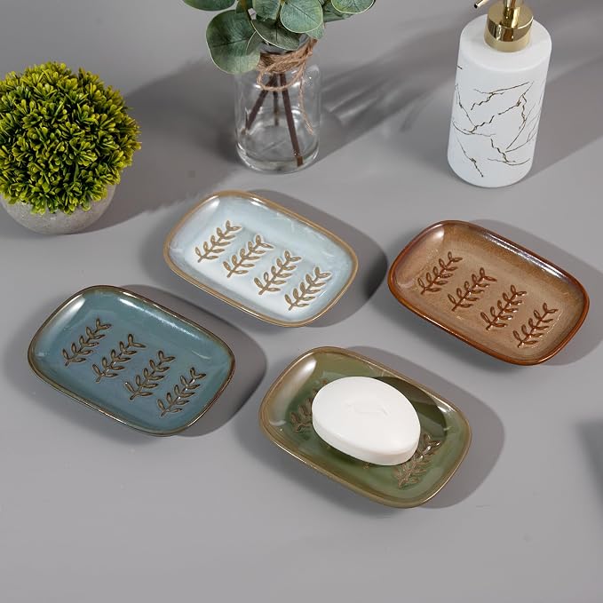 HighHerz Aesthetic Ceramic Soap Dish for Shower, Soap Holder with Raised Relief, Shower Soap Dish for Shampoo Bar Or Sponge, Soap Saver for Bathroom, Kitchen, Sink, Decorative Soap Tray (Blue)