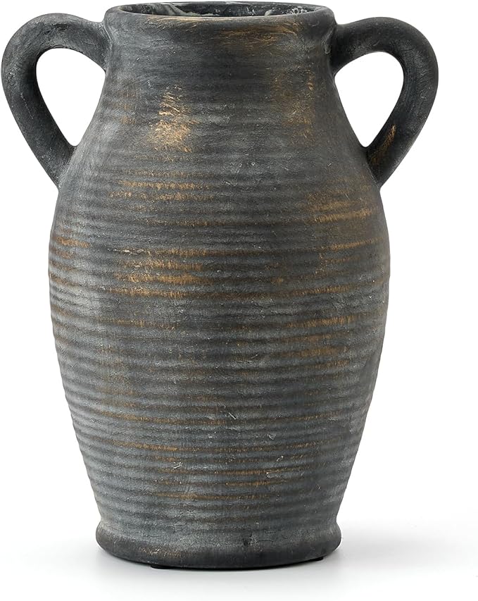 Large Ceramic Rustic Vase with 2 Handles, 9.8 inch Farmhouse Flower Vase, Minimalist for Home Decor, Living Room, Shelf Decor, Pampas Grass, Enterway, Table Decoration, Gift, Bronze