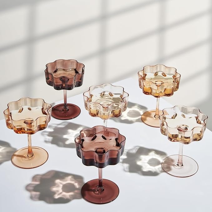 Venus Flower Scalloped Vintage Wavy Petals Wave Glass Coupes 7oz Colorful Martini, Champagne & Cocktails, 6 Set Brown Amber Shades Rippled Champagne Glasses, Elegant Bar Glassware, Aesthetic Coupe