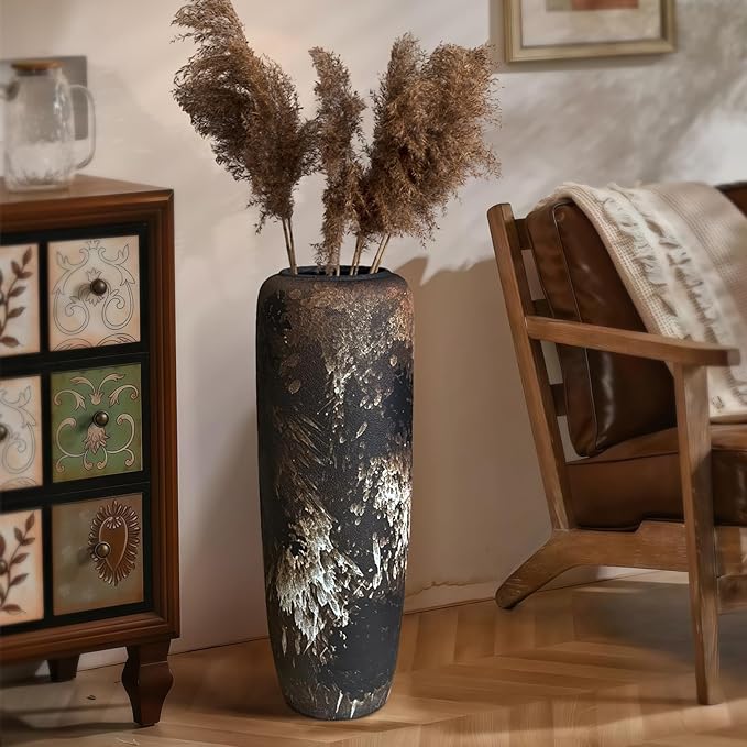 Black Rustic Ceramic Tall Floor Vase, 23.6 Inch Vintage Large Farmhouse Vase Pottery Clay Terracotta Rustic Vases for Home Decor Living Room Entryway Table Centerpieces,Kitchen,Housewarming Gifts