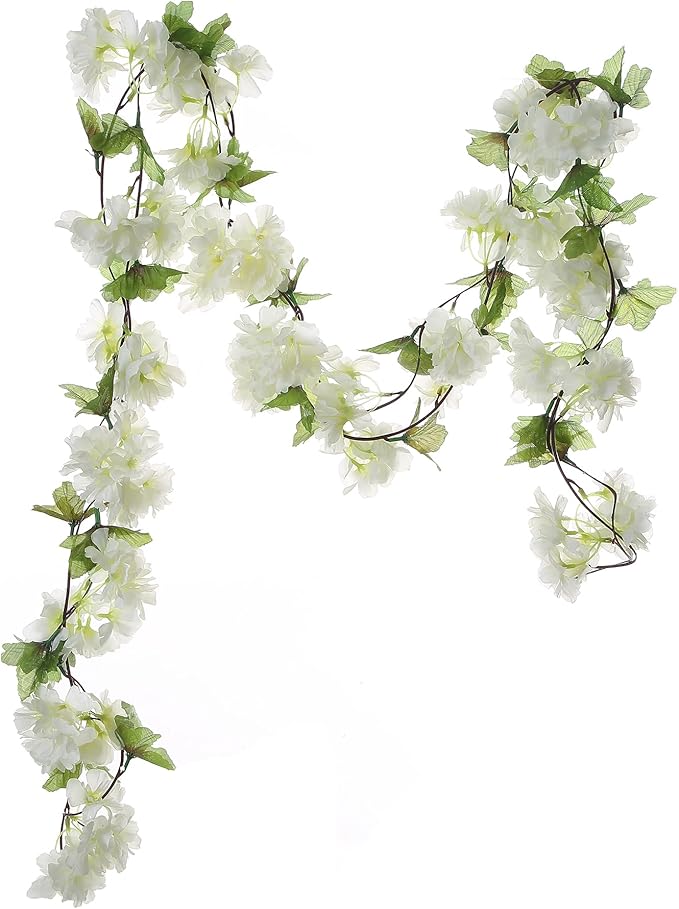 2Pcs Artificial Cherry Blossom Flower Garland Silk Fake Hanging Flower Vines for Home Wedding Decoration 7.2FT, White