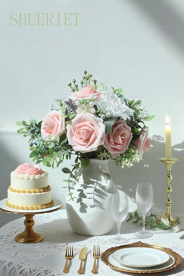Blush Pink Artificial Roses 25pcs, Real Looking Fake Flowers with Stems for DIY Wedding Centerpieces, Bridal Shower, Party, Valentine's Day Gift, Home Decor