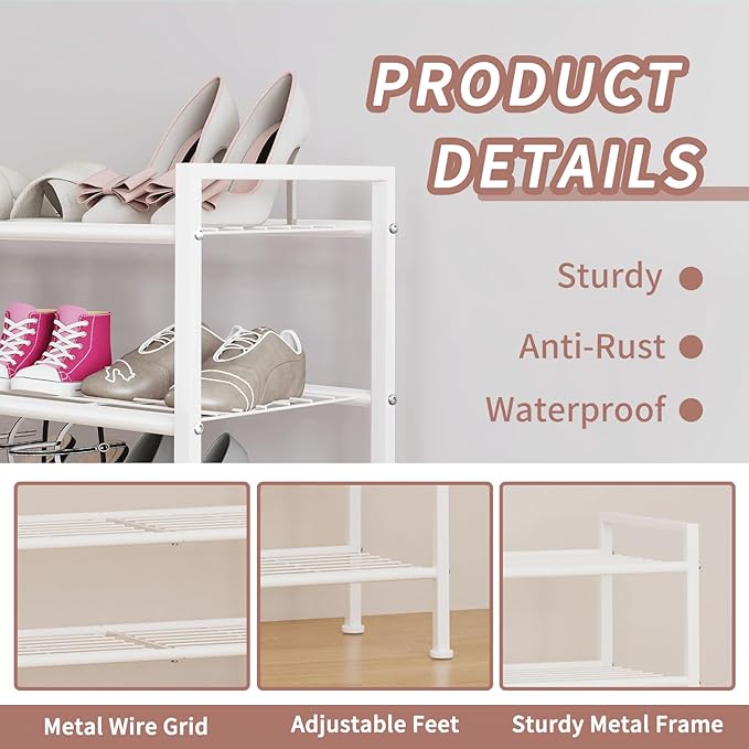 DongRong White Shoe Rack,3 Tier Metal Simple Shoe Storage Organizer Multi-Functional Shelf for Closet,Entryway, Garage,Dorm Room(White, 3 Tier)