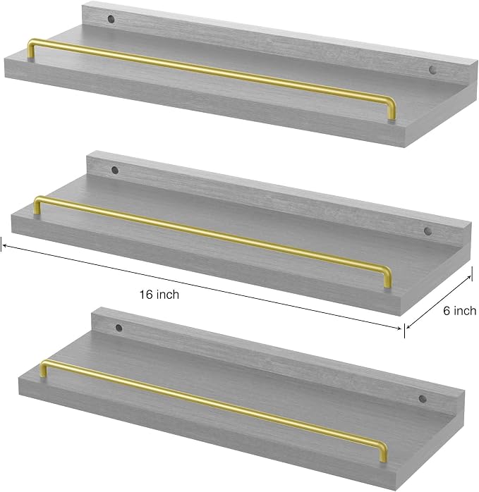 RYOFOBETTO Floating Shelves for Wall Decor, Grey and Gold Shelves for Bathroom, Living Room, Bedroom, Picture Frames, Plants, Kitchen (Set of 3)