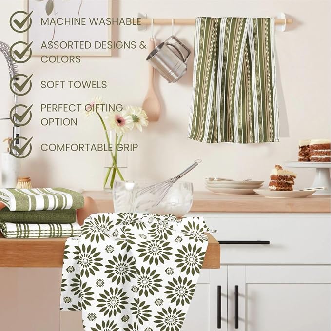 Assorted Kitchen Towels Large 16x26 inches 100% Cotton Set of 5 - Soft Absorbent Washable Tea Towel for Kitchen - Dish Cloths with Hanging Loop - Quick Drying Dish Towels Green