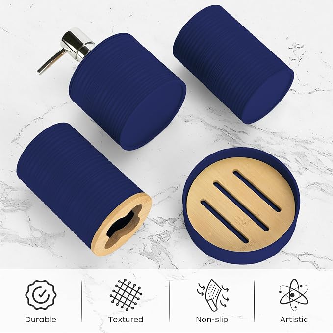 4 PCS Navy Blue Bathroom Accessories Set, Includes a Soap Dispenser, Toothbrush Holder, Soap Dish and Mouthwash Cup, Plastics & Bamboo Bathroom Set, Bohemian Style Bathroom Sink Set