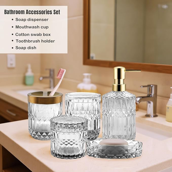 5Pcs White Bathroom Accessories Set, Glass Bathroom Accessories, Vintage Bathroom Countertop Decoration Includes Soap Dispenser, Toothbrush Holder, Qtip Holder,Soap Dish and Rinsing Cup