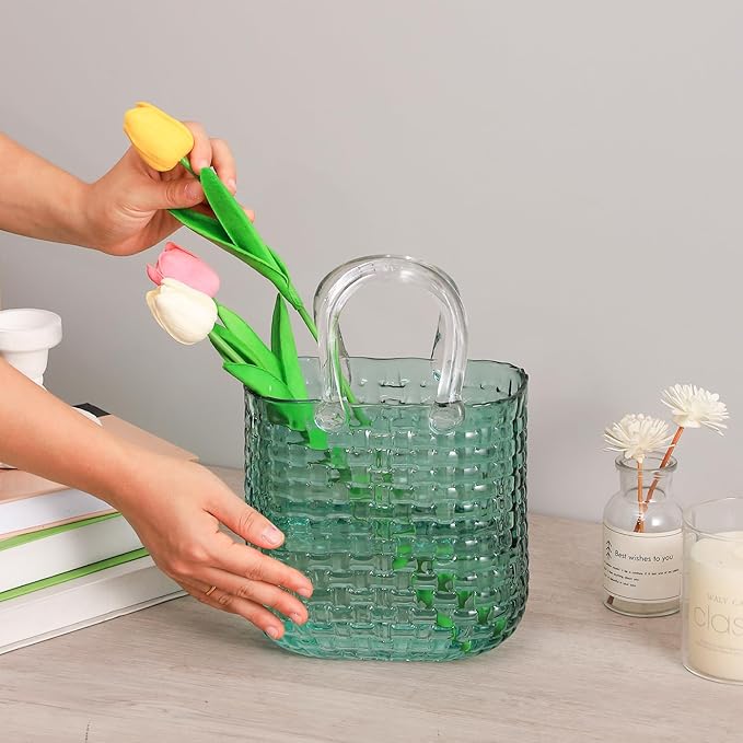 Glass Purse Vase for Flowers, Green Purse Flower Vase, Wide Mouth Glass Bag Vases, 10 Inch Large Handbag Shaped Vases for Home, Office Decor