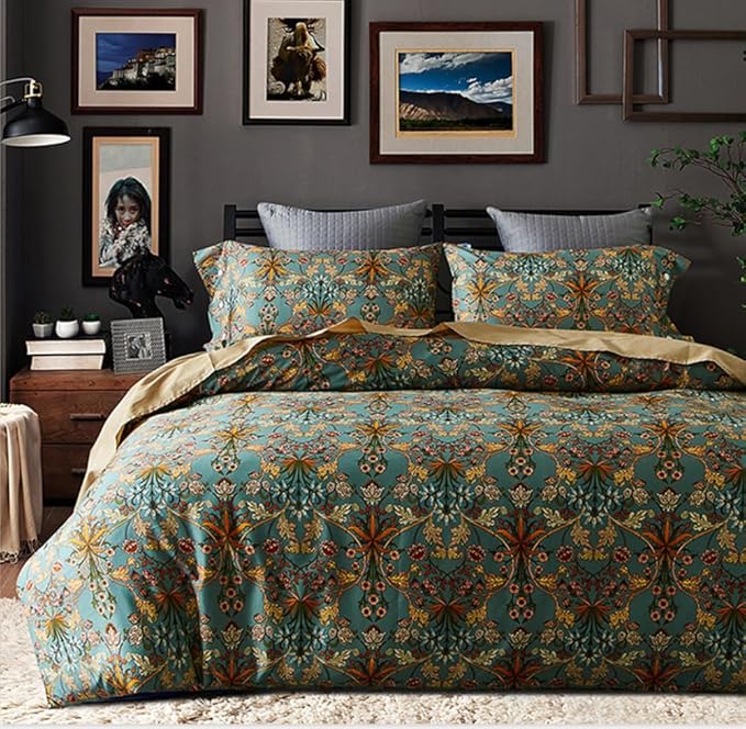 VM VOUGEMARKET Sage Green Comforter Set Queen,Medallion Paisley Flower Bedding Set Vibrant Bohemian Pattern Quit Comforter with 2 Pillowcases
