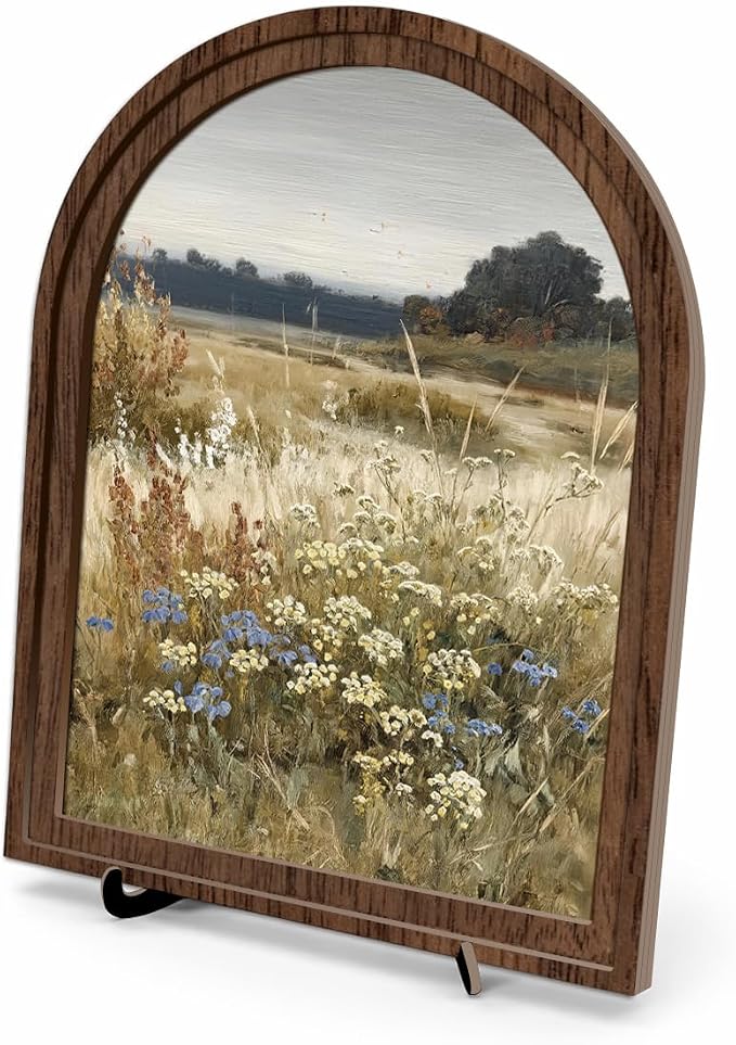 Rustic Farmhouse Tabletop Decor Sign, Arched Wooden Frame Wildflower Meadow Artwork for Desk Shelf Display, Soft Floral Landscape Accent, Gift for Home Decor Lovers