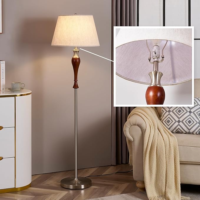 Floor Lamp, Mid Century Lamp with Fabric Shade, Modern Standing Lamp with Dimmer Switch and Bulb for Living Room, Rustic Retro Tall Lamp for Bedroom and Office, Home Décor