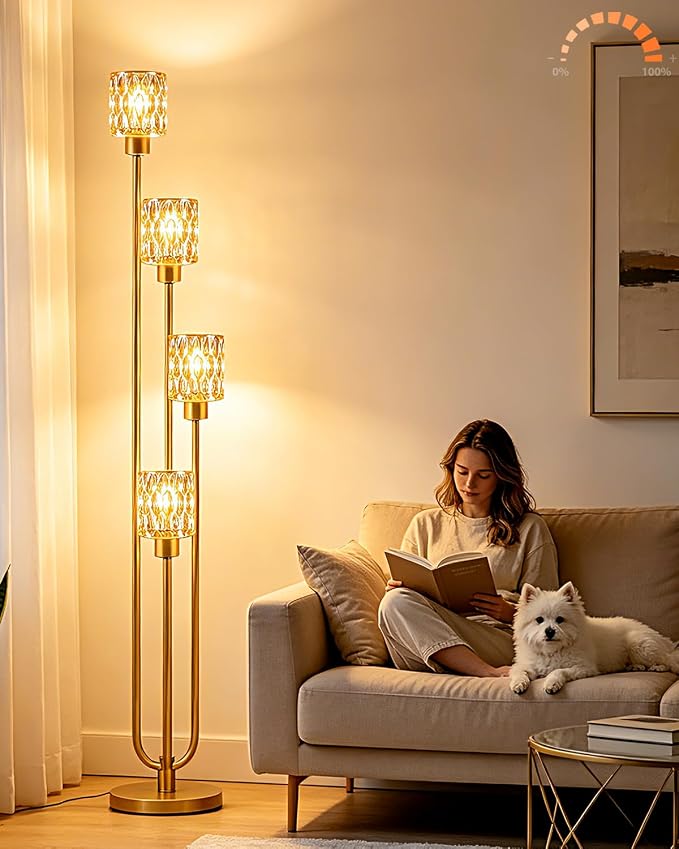 Lightdot 4-Lights Glass Floor Lamp Dimmable Gold Floor Lamps with Amber Rippled Glass Shade& Bulbs Included Unique Modern Standing Tall Lamp with 5Lbs Heavy Base for Living Room/Bedroom/Sofa Beside