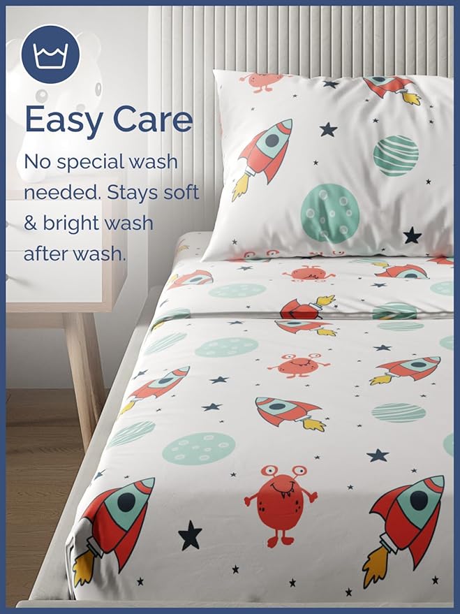 Kids Space Twin 3 Piece Sheet Set - Boys, Girls, Teens, Toddler - Easy Fit, Deep Pockets - Breathable, Hotel Quality Bedding Sheets - Machine Washable - Wrinkle Free - Cute, Cozy & Soft - CGK Linens