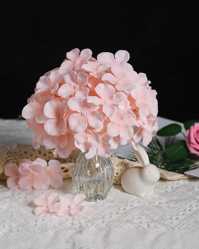 DuHouse Silk Hydrangea Artificial Flower Heads with Stems Fake Hydrangeas Flowers for DIY Wedding Centerpiece Home Decor,Pack of 6 (Blush)