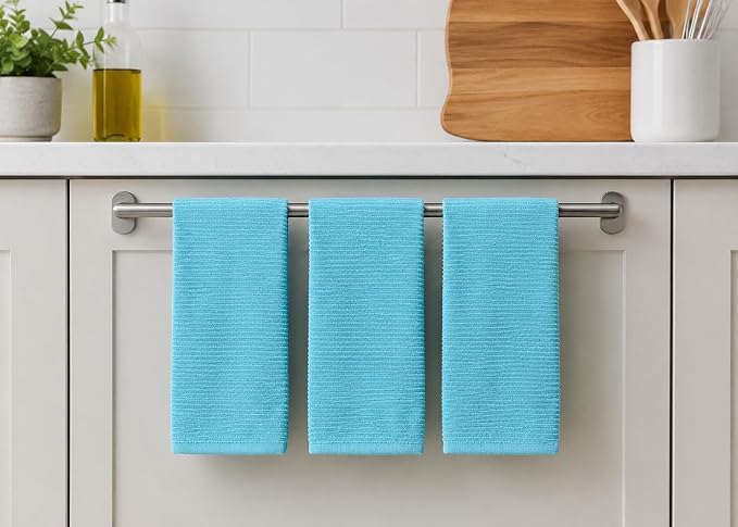 Serafina Home Aqua Light Blue Kitchen Dish Towels: (18" x 28", 3 Pack) 100% Cotton Cloth Soft Cleaning Drying Absorbent Ribbed Terry Loop, Multipurpose (Aqua Blue)