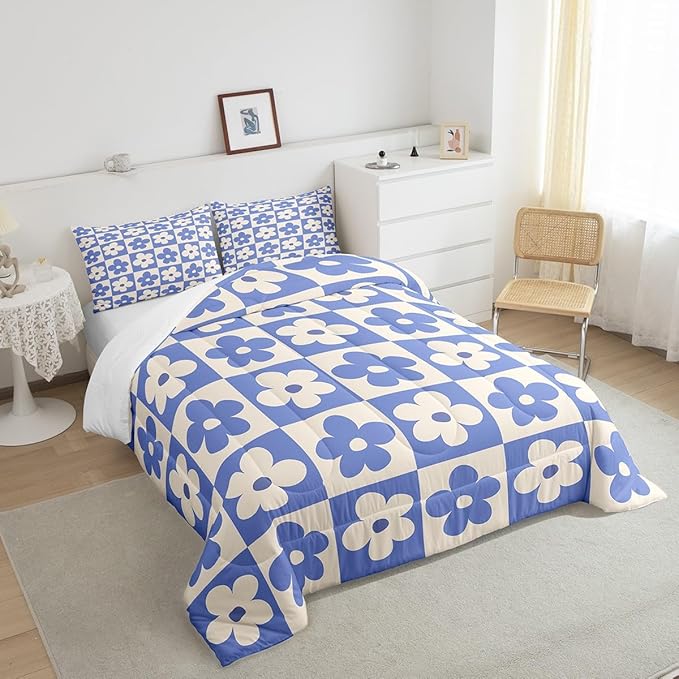 Castle Fairy Kids Cute Flowers Plaid Bedding Comforters King Size,Blue and Cream Floral Checked Comforter Set for Children Xmas Gift,Fashion Geometric Style Quilt Set Bedroom Decor, 2 Pillowcases