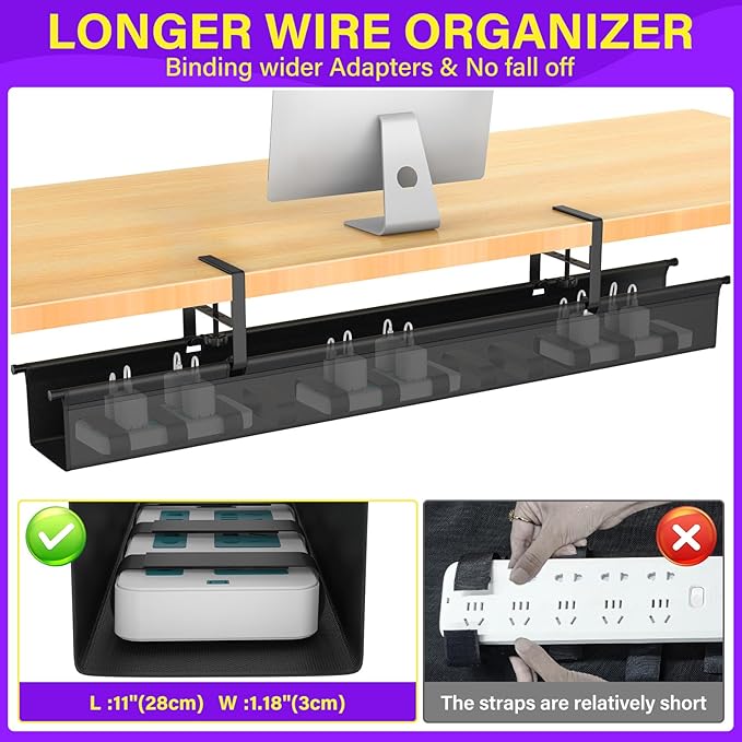 Large Under Desk Cable Management Tray, REFLYING 43.7" Cable Management Under Desk No Drill,Adjustable Clamp Cord Wire Organizer, Cord Hider for Standing Table, Wire Hider for Office,Home (Large)