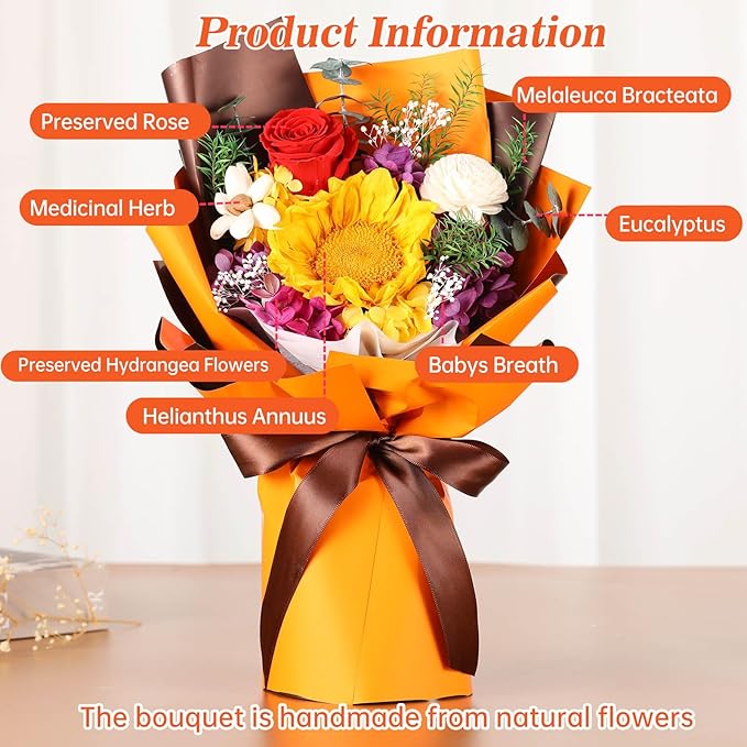 Jtoder Forever Flowers for Delivery, Preserved Flower Bouquets, Long Lasting Orange Sunflower Roses, Gifts Bouquet for Mother Wife Girlfriend on Festivals Birthday Anniversary