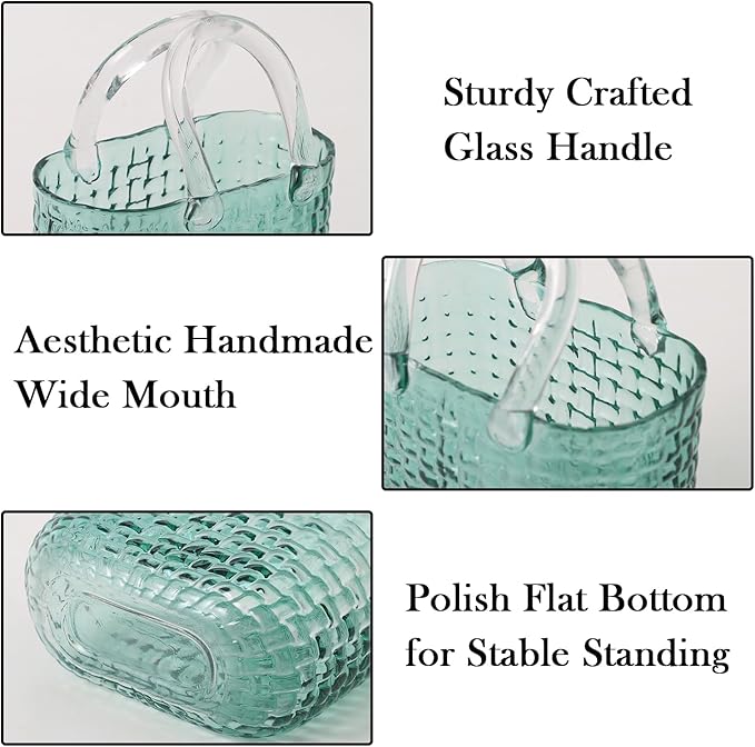 Glass Purse Vase for Flowers, Green Purse Flower Vase, Wide Mouth Glass Bag Vases, 10 Inch Large Handbag Shaped Vases for Home, Office Decor