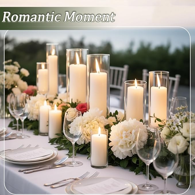 24 PCS White Pillar Candles (2''X3,4,6) and Glass Cylinder Vases(2.6''X5,6,8),Hurricane Candles,Perfectly Sized for use as a Centerpiece Candle Decoration on Wedding Tables!