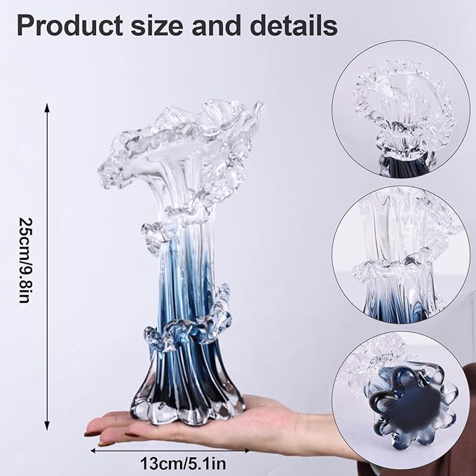 9.8" H Blue Blown Glass Vase, Modern Art Hand Blown Coastal Vase,Beautiful Unique Ocean Wave Centerpieces for Living Room, Bedroom, Office Desktop,Coffee Table and Wedding Decorative (M)