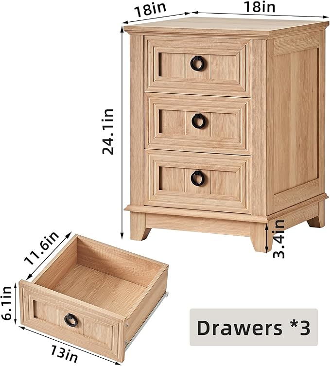 18" Farmhouse Night Stand with 3 Drawers, Wood End Table for Bedroom, Natural Wood Nightstand, Bed Side Table with Metal Handle, Bedside Cabinet for Bedroom Living Room