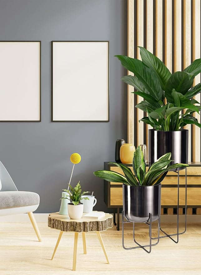 Serene Spaces Living Modern Mid Century Medium Black Nickel Planters with Stand, Planter Pots with Metal Stands, Flower Pot for Living Room Décor, Garden, Measures 13" Tall & 7.25" Diameter