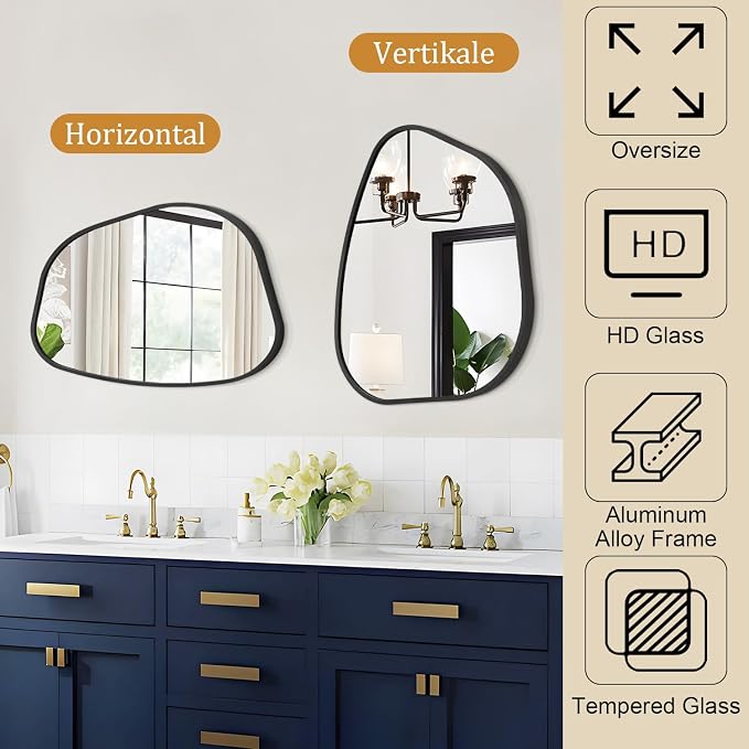 Irregcular Wall Mirror 20"x16" Black Asymmetrical Bathroom Mirror Metal Framed Modern Decorative Vanity Mirrors for Bedroom Living Room Entryway