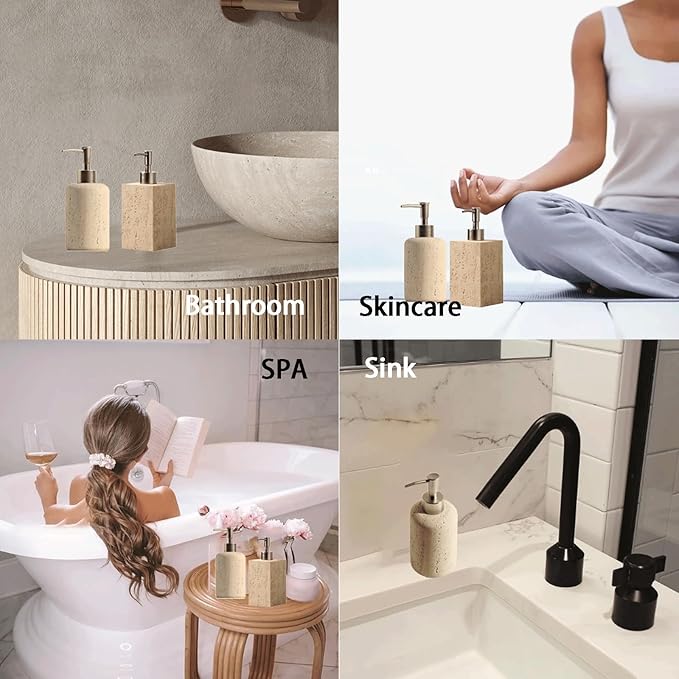 Beige Liquid Stone Hand Soap Dispenser - 10oz 15oz Refillable Bathroom Sandstone Soap Dispenser Pump Shampoo Bottles for Bathroom Kitchen, Cylinder