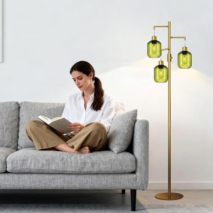 Glass Floor Lamps for Living Room, Modern Standing Lamps with Green Shade, Dimmable Green Tall Floor Lamp, Mid Century Gold 3 Lights Tall Tree Lamp with 3 LED Bulbs