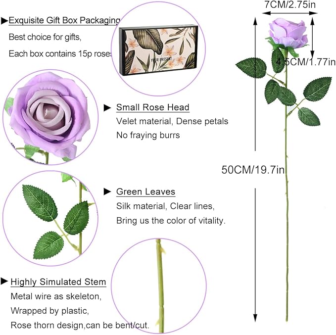 15Pcs Pearl Purple Roses Artificial Flowers Fake Roses Long Stem Velet Rose Silk Flowers for Home Wedding Decoration (Pearl Roses,Purple)