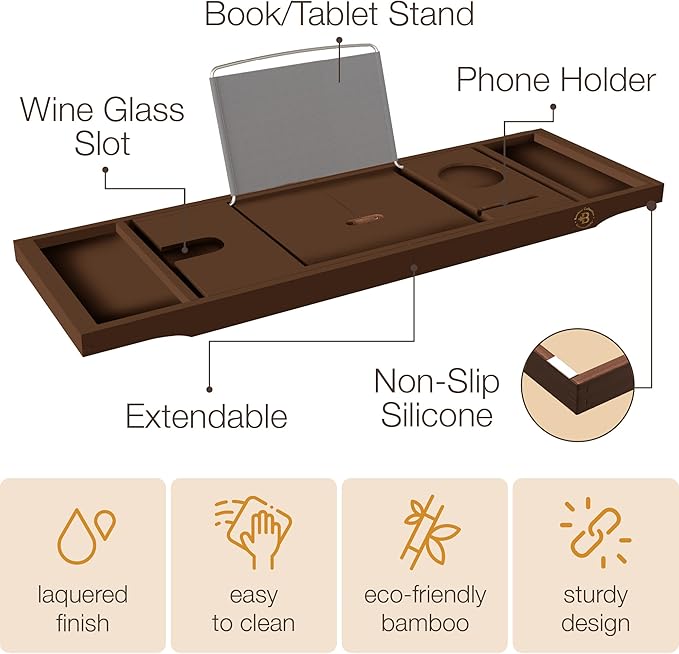 Bambüsi Bathtub Tray for Tub - Brown Bamboo Bath Tray, Expandable Wooden Bath Caddy Tray with Wine Holder, Book and Tablet Stand, Bathroom Accessories, Tub Table, Spa Bath Gifts for Women and Couples