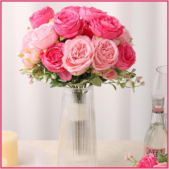 Olgaa 12 Bundles Peonies Artificial Flowers Artificial Peonies Silk Flowers Bulk Fake Peony Bouquet for Bridal Shower Decorations Wedding Table Centerpiece (Double Pink)