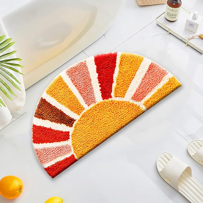 UKELER Boho Bathroom Rugs Half Circle Bohemian Bath Mat Cute Sun Retro Area Rugs for Home Decor Non Slip Washable Absorbent Bath Rug for Bathroom,Sink, Shower, Tub 30''×16''