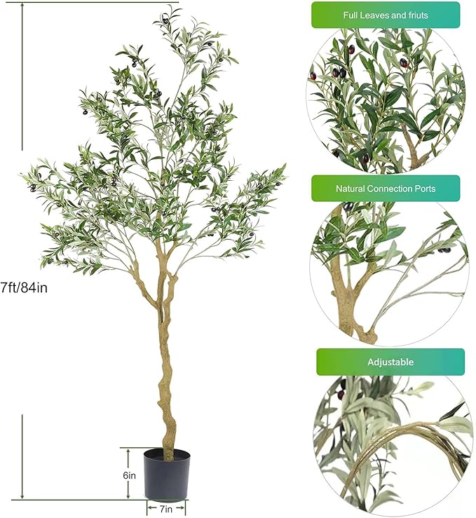 Tall Faux Olive Tree，7ft（84in） Realistic Potted Silk Artificial Olive Tree， Fake Olive Trees Indoor for Home Office Living Room Bedroom Stairs Foyer Decor.2pack.
