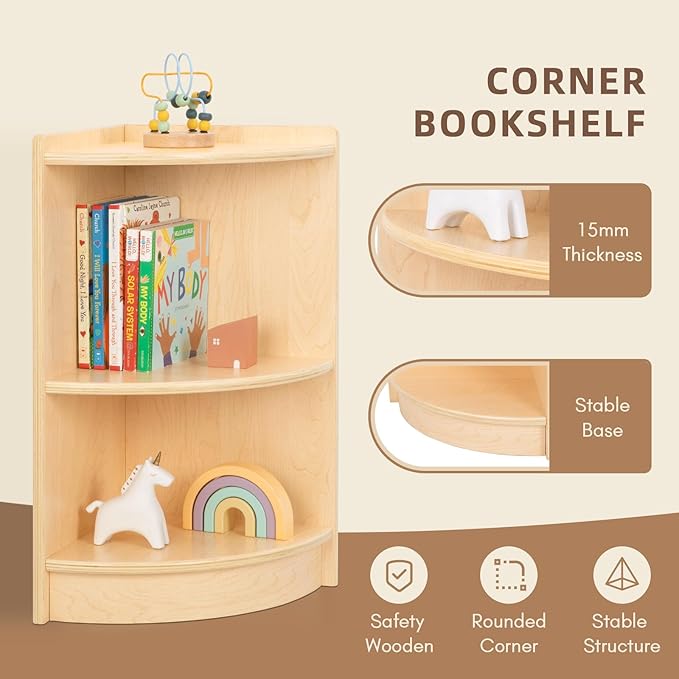 OOOK Wood Corner Cabinet, 2-Tier Toy Organizers and Storage, Montessori Shelf for Kids Room, Playroom, Nursery, Classroom, Kindergarten