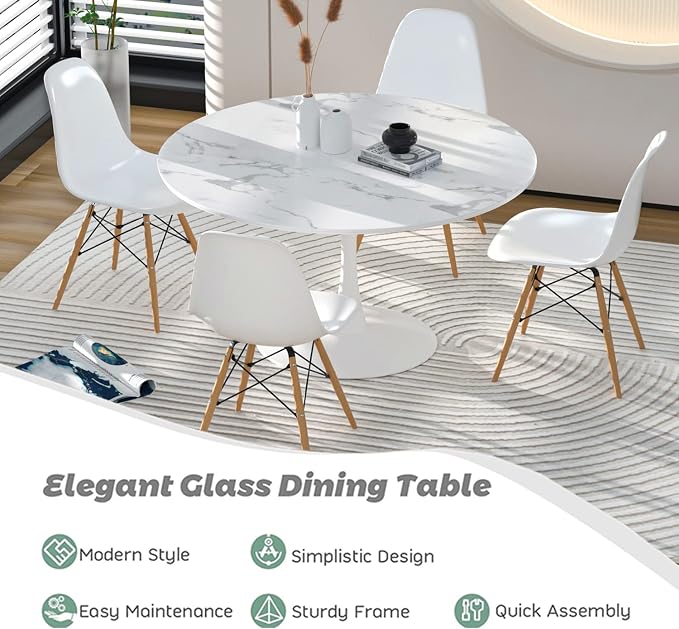 5-Piece Round Dining Table Set,42" Mid-Century Modern Kitchen Table with 4 Chairs,Tulip Pedestal Table & Solid Wood Legs,Space Saving Compact Furniture for Small Spaces Apartment Home,White/Marble