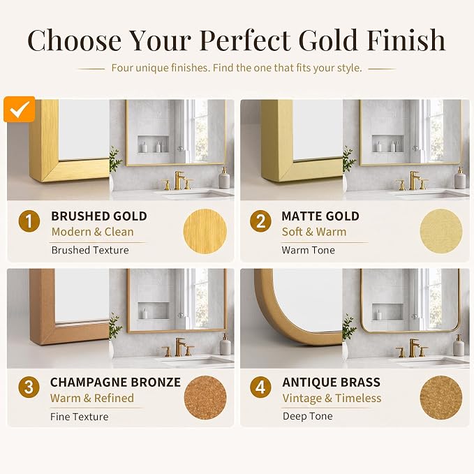 24x36 Inch Brushed Gold Bathroom Mirrors Set of 2, Tempered Glass Rectangular Wall Mirror, Rustproof Metal Frame Double Vanity Mirrors for Over Sink, Entryway, Flush Mount