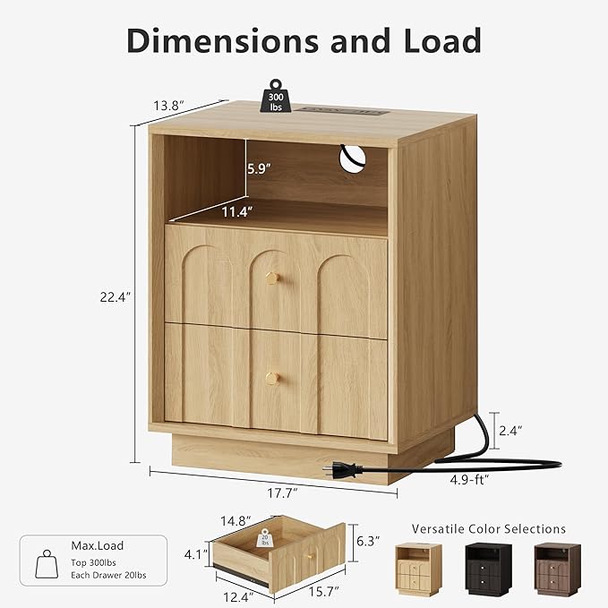 Nightstand with Charging Station, Mid Century Modern Nightstand with Arched Design, Boho End Table with Wood Grain Texture, Bedside Table for Bedroom Living Room Sofa Office, Oak