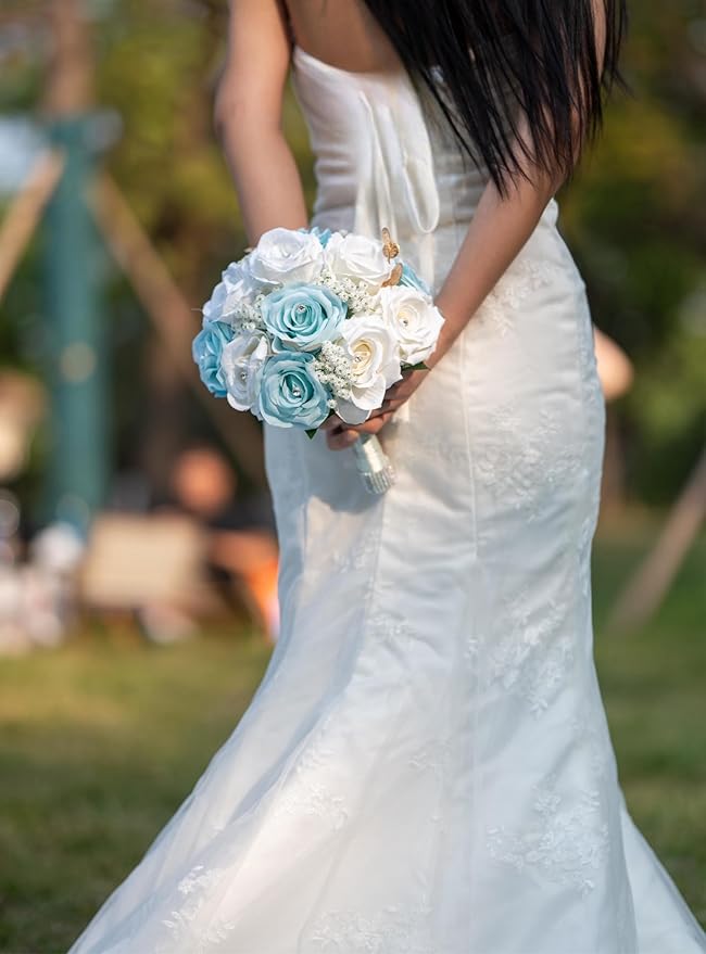 Wedding Bouquets for Bride Bridesmaid Artificial Flowers White Blue Rose Bridal Wedding Tossing Bouquets for Wedding Church Bridal Shower Ceremony Anniversary Home Decor (White + Blue Rose)