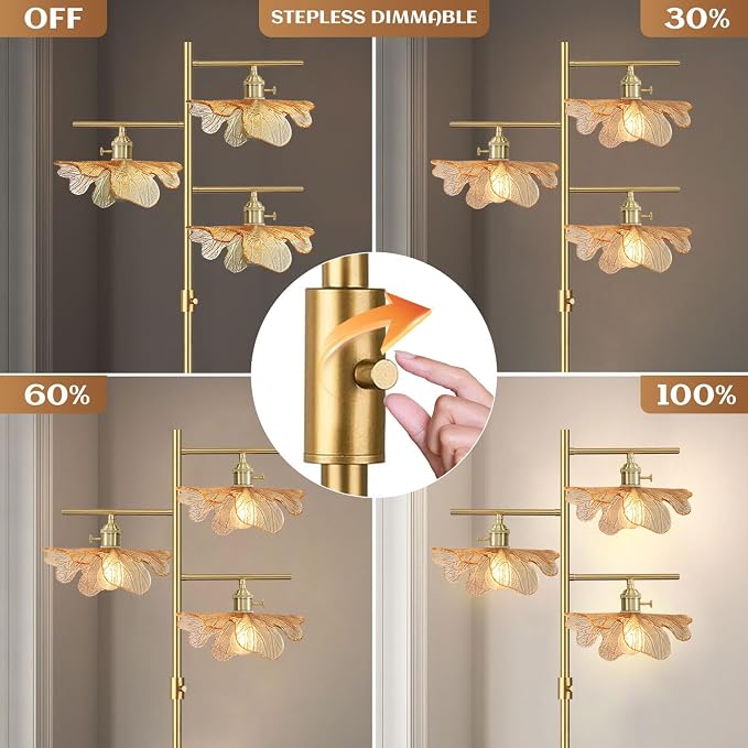 Vintage Floor lamp Dimmable Standing Lamps for Living Room, Modern Tall Floor lamp Gold Floor Lamps 65" Farmhouse Floor Lamps Amber Glass Tall lamp for Corner Bedroom Study Office Home