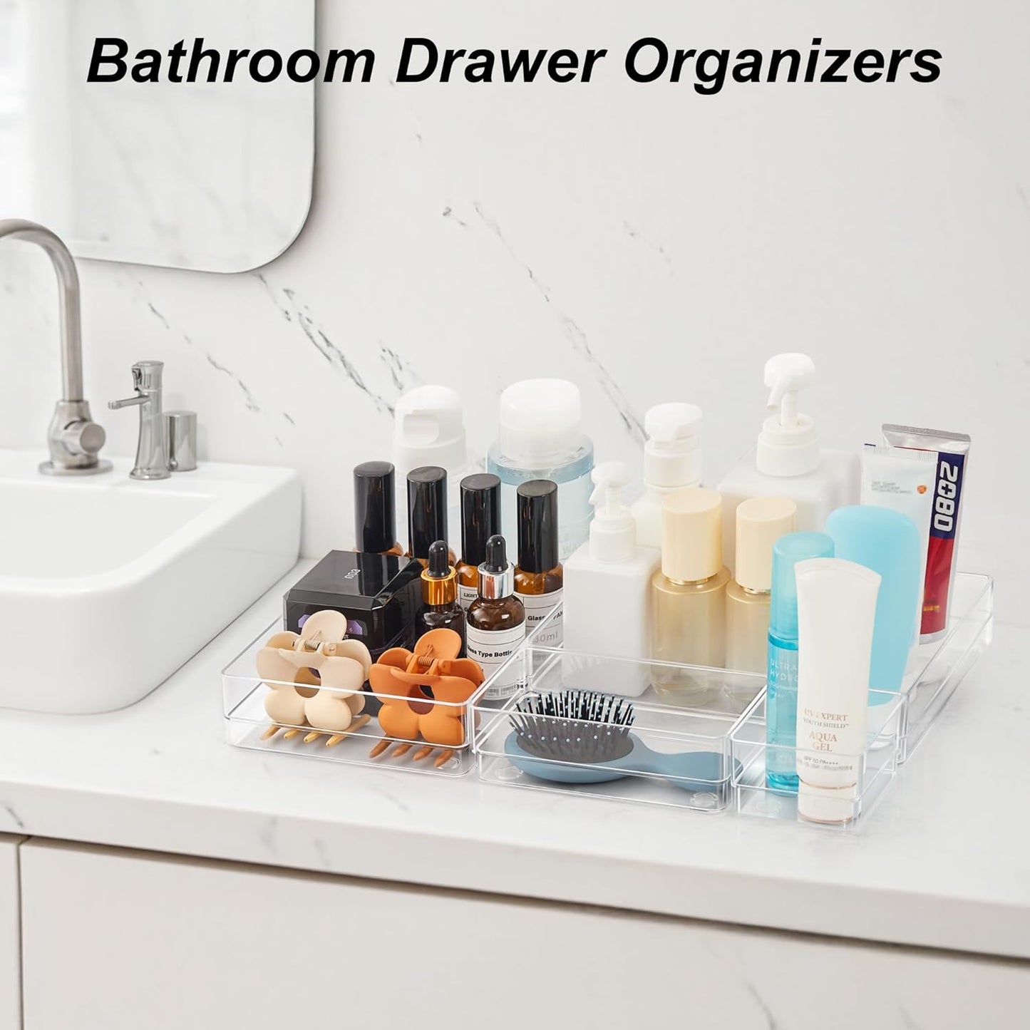 SMARTAKE 7-Piece Drawer Organizer - Non-Slip Silicone Pads for Makeup, Jewelry & Utensils | Clear Storage Trays