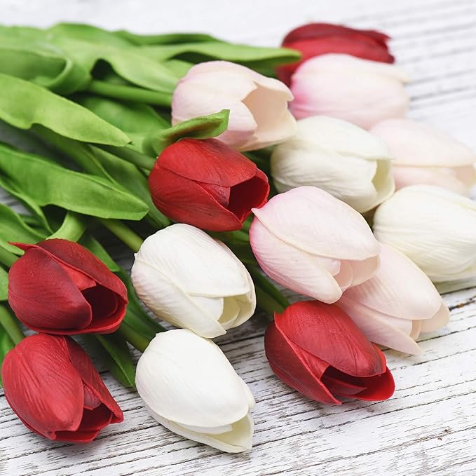 FiveSeasonStuff Real Touch Tulips Artificial Flowers – 15 Stems Faux Tulip Bouquet in Gift Box for Wedding, Home Decor, Party, Floral Arrangements (Charming Lady)