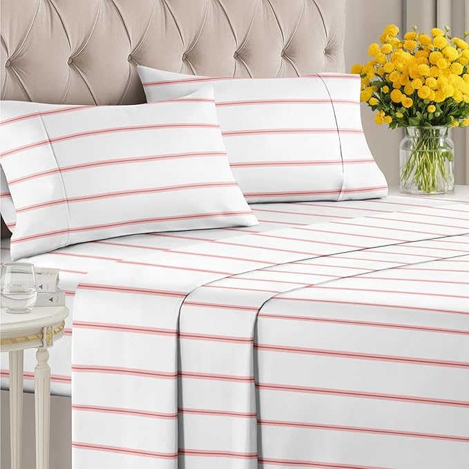 Striped Sheets - Red & White Striped Sheets - 1 Flat & 1 Fitted & 2 Pillowcases w/ Deep Pockets – Comfy, Wrinkle & Fade Free - Soft, Breathable & Cooling – Luxury Pinstripe Bedding - Full Size Bed Set